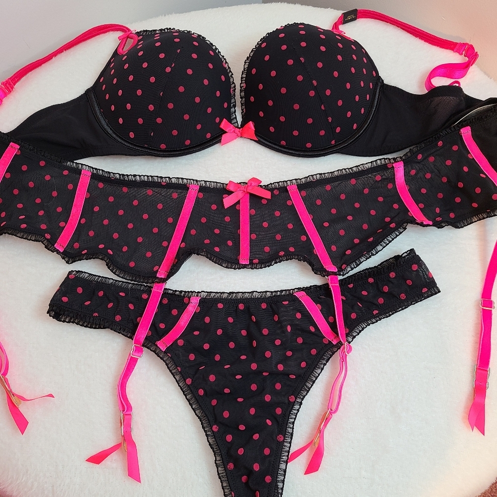 Rare VTG VS Sexy Little Things 3pc Polka-dot Pin-up Lingerie Set Size 34D/Lg - Picture 6 of 8